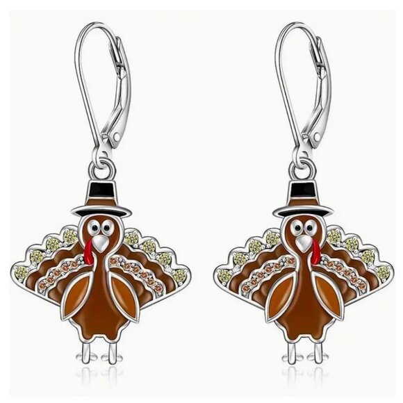Cute Thanksgiving Turkey Drop Crystal & Enamel Earrings Silver Tone - Picture 1 of 2